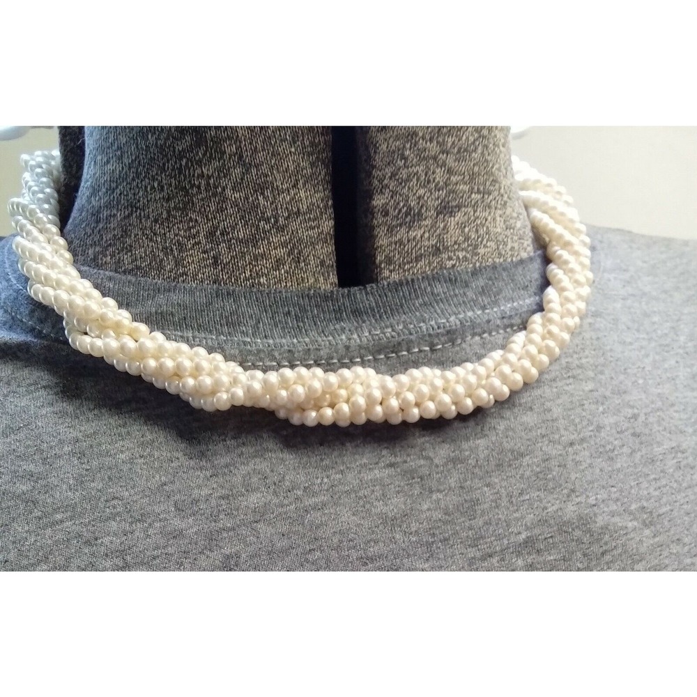 Vintage Multi Strand Faux Pearl Choker Necklace White Twisted Beaded Gold Tone